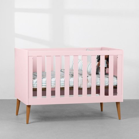 Berço Mini Cama Noah com Pés Retrô Mel - Rosa Abra Casa