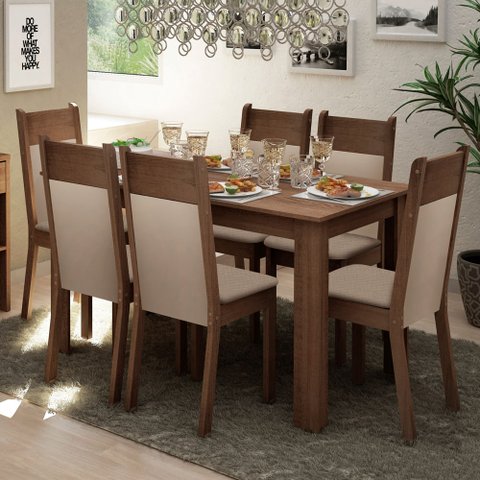 Conjunto Sala de Jantar Madesa Jaíne Mesa Tampo de Madeira com 6 Cadeiras Rustic/crema/pérola Cor:ru