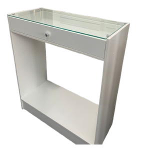 Mostruário Expositor de Loja com Gaveta e Prateleira – Mdf Branco com Vidro 100x85x38cm