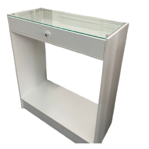 Mostruário Expositor de Loja com Gaveta e Prateleira – Mdf Branco com Vidro 100x85x38cm