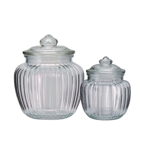 Jogo 2 Potes Baleiro Vidro Transparente Canelado Tampa Hermética 1400ml e 600ml - Tuut