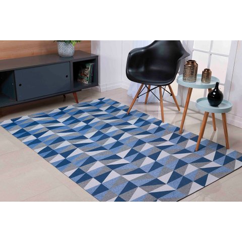 Tapete 2,50m X 2,00m Sala Quarto Tecido Jacquard Antiderrapante Geométrico - Ladrilhado Azul