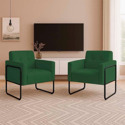 Poltrona Sala Industrial Alta Tubo Preto Kit 2 Elisa Suede D03 - D'Rossi Cor Verde