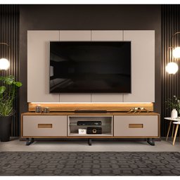 Bancada e Painel Madri 2 Gavetas Para TV até 75 Polegadas Griz/Carvalho Nobre DJ Móveis - 1