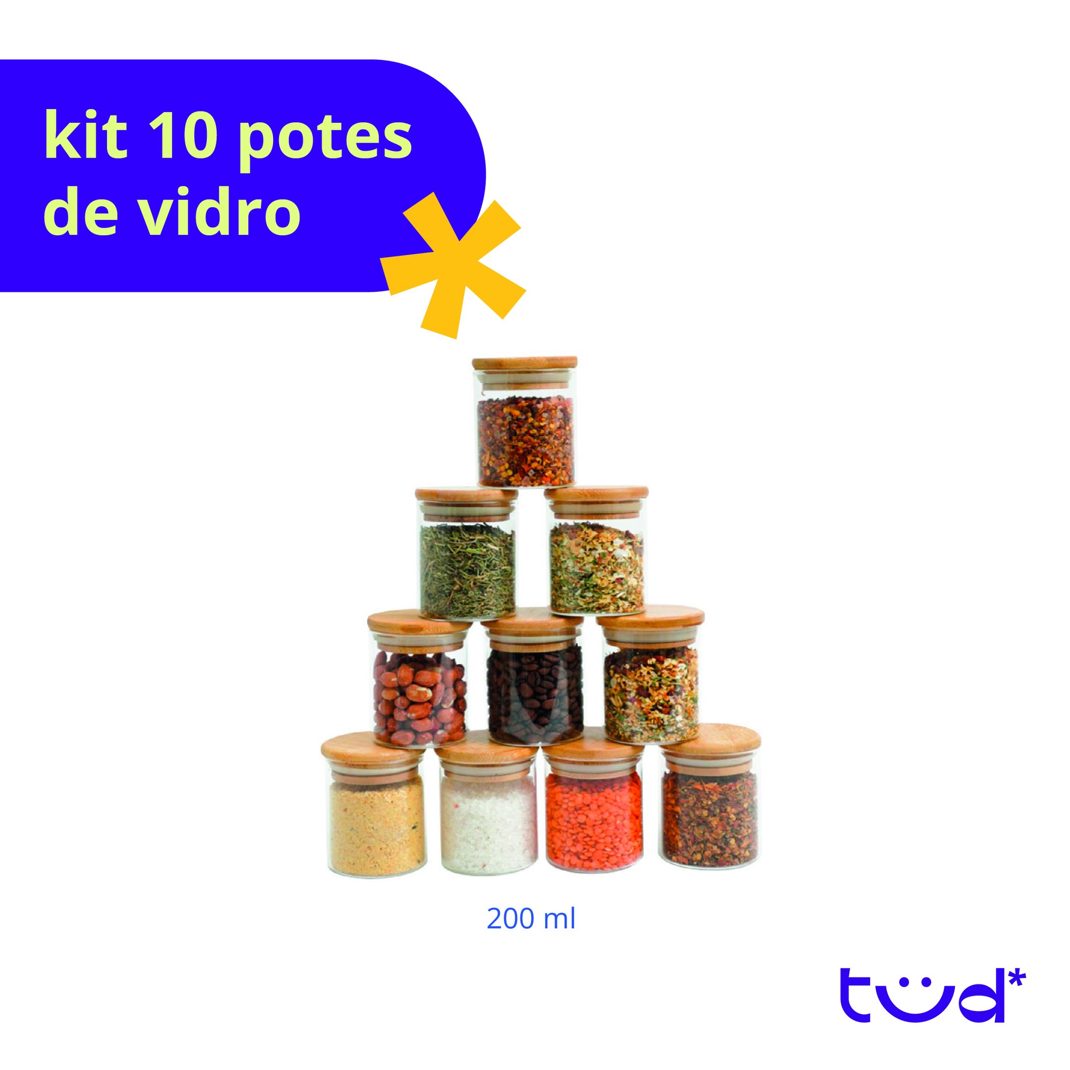 Kit 10 Potes de Vidro 200ml Tampa de Bambu Herméticos Redondos - Tüd - 3