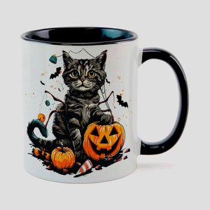Caneca Branca com Interna Preta Y5 Gato Halloween Abobora 15