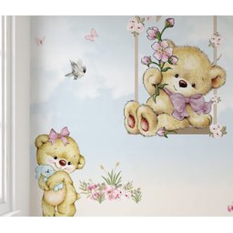 Papel de parede infantil ursinha no balanço floral M² PP41 - 2