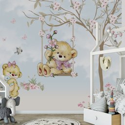 Papel de parede infantil ursinha no balanço floral M² PP41 - 4