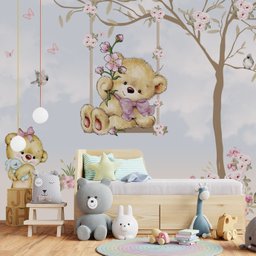 Papel de parede infantil ursinha no balanço floral M² PP41 - 3
