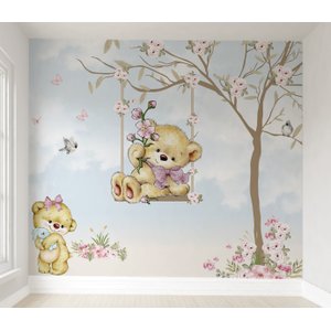Papel de parede infantil ursinha no balanço floral M² PP41