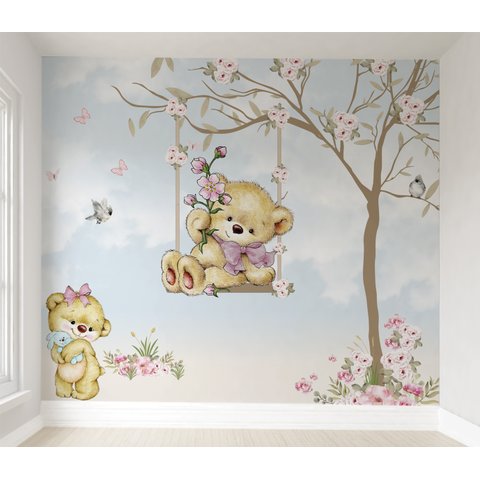 Papel de parede infantil ursinha no balanço floral M² PP41