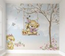 Ver imagem 1 de Papel de parede infantil ursinha no balanço floral M² PP41