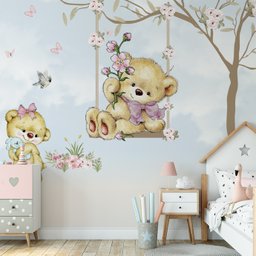 Papel de parede infantil ursinha no balanço floral M² PP41 - 5