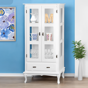 Cristaleira de Madeira 2 Portas 1 Gaveta e Pés Luiz Xv - Branco Laca