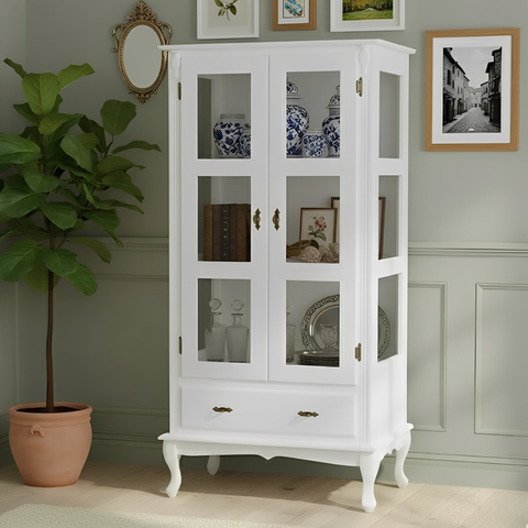 Cristaleira de Madeira 2 Portas 1 Gaveta e Pés Luiz Xv - Branco Laca