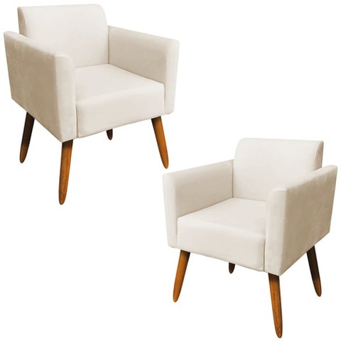 Kit 02 Poltronas Decorativas Isabella Pés Palito Madeira Suede Bege - Gran Belo