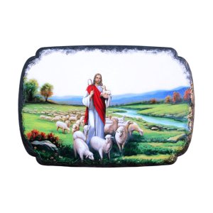 Quadro Mesa Colecionável Jesus Cristo Ovelhas Campo 20x14cm