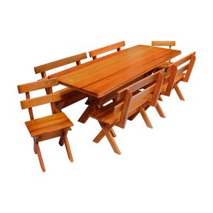 Conjunto Mesa Rústica 2m 4 Bancos e 2 Cadeiras Madeira Maciça Eucalipto:Cerejeira