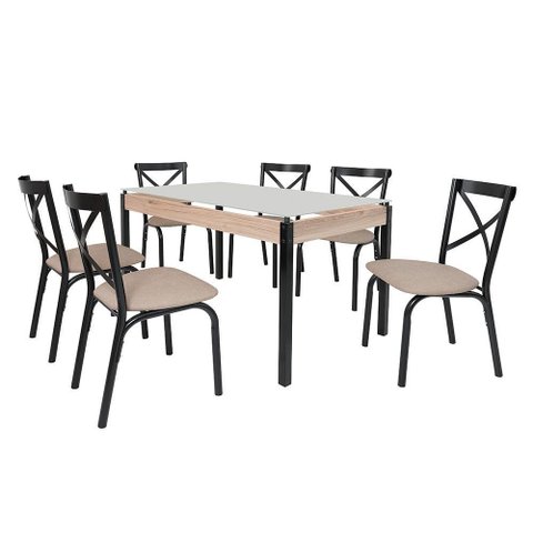 Conjunto de Mesa com 6 Cadeiras para Cozinha Tampo Retangular Vidro Karina Ciplafe Preto
