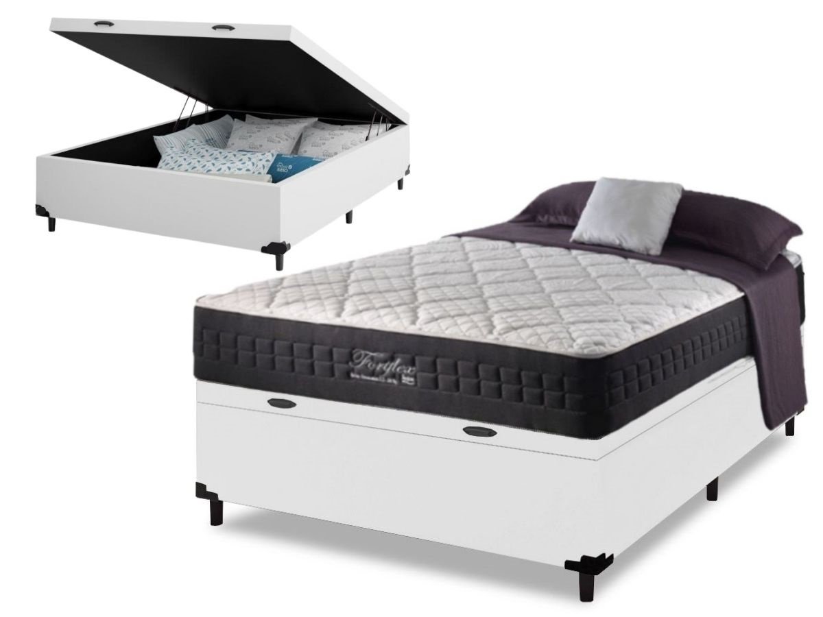 Colchão Fortflex 200kg por Pessoa - Tamanho Casal Molas Ensacadas Anjos + Cama Box com Baú Sintético