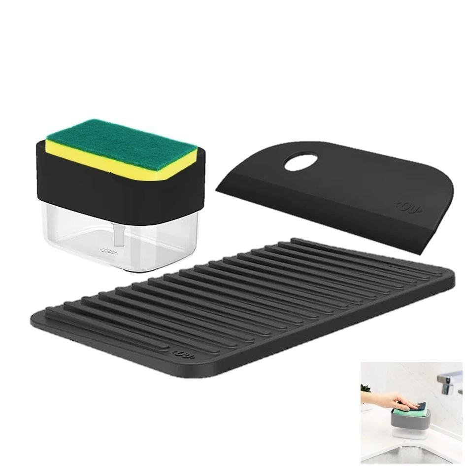 Kit Dispenser Porta Detergente Escorredor Rodo Pia - Preto - 1