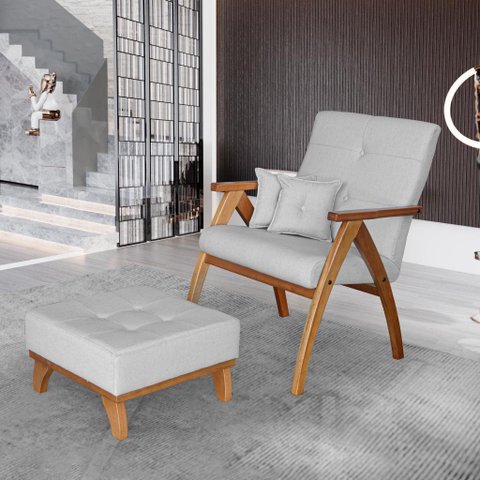 Poltrona Giovana com puff linho White Off Ideal Moveis