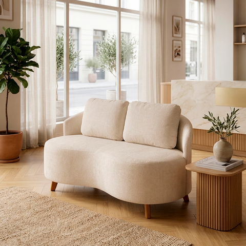 Sofá Tecido Bouclé Orgânico Curvo 2 Lugares Offwhite Acabamento Premium Sala Recepção