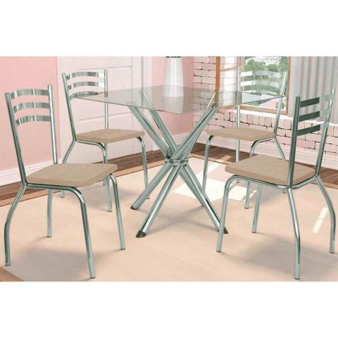 Sala de Jantar Completa Volga C/ Tampo de Vidro 90cm e 4 Cadeiras Portugal Cromada - Courano Bege -