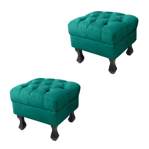 Kit 02 Puffs Decorativo Em Captonê Retrô Luis Xv Suede Azul- LM DECOR