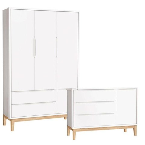Cômoda com Porta e Guarda Roupa Infantil 3 Portas New Classic Branco com Pés Madeira Natural -