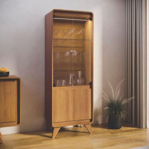 Armário Cristaleira Marela Madeira Luxo Nature 2 Portas 1 Gaveta MDP 62cm Jequitiba