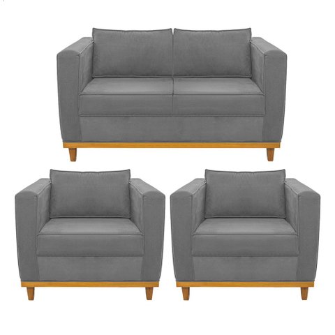 Kit Sofá 2 Lugares e 2 Poltronas Europa Suede Cinza - Am Decor
