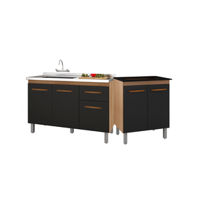 Armário 3 Portas 1 Gaveta com Gabinete Balcão Pia Cozinha e Multiuso Cooktop 5 Bocas