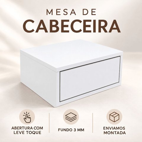 Mesa de Cabeceira Suspensa 30cm com Gaveta Push sem Puxador MDF 15mm Branco Mesa de Cabeceira Já Mon
