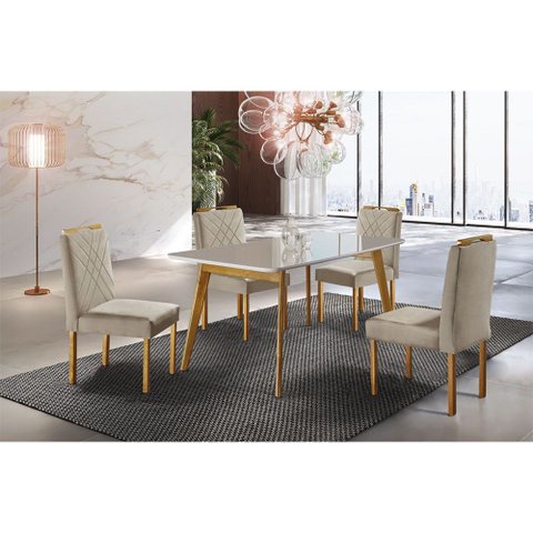 Conjunto Sala de Jantar 4 Lugares Slim Mesa e Cadeiras Madeira Maciça Veludo Bege
