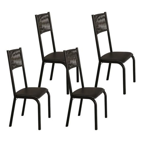 Kit 4 Cadeiras Sofia Corino Preto e Fibra Nautica Preta Tubo Preto Fosco