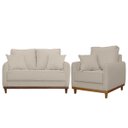 Ver imagem 1 de Kit Poltrona e Sofa Sena 2 Lugar Base de Madeira para Sala Hotel Linho Palha