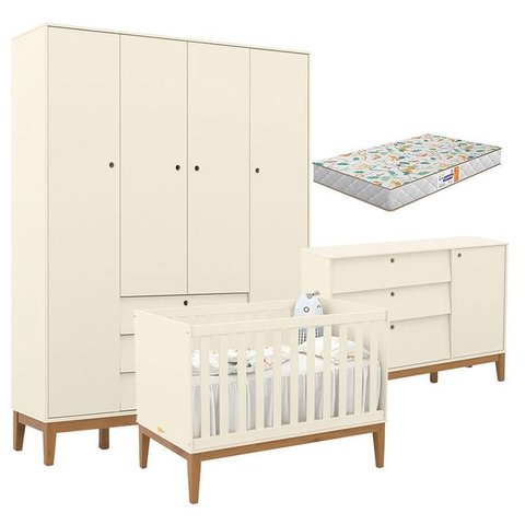 Quarto de Bebe Unique 4 Portas com Cômoda Sapateira Off White Eco Wood e Colchão Gazin - Matic