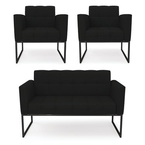Kit 1 Sofá Namoradeira e 2 Poltronas Elisa Linho Preto A79 Base Metálica Industrial Preto - D'Rossi