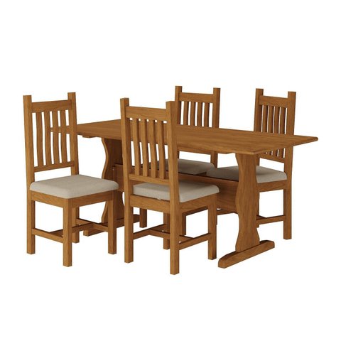 Conjunto Mesa 120cm x 80cm c/4 Cadeiras Estofadas Germany Madeira Maciça Marrom/Mogno Mel