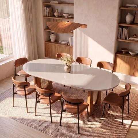 Conjunto de Jantar com Mesa Oval Tali 210cm e 8 Cadeiras Ema CabeCasa MadeiraOriginals Bege/Marrom