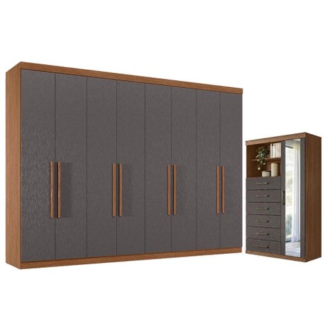 Guarda Roupa Casal 8 Portas 4 Gavetas Master New e Cômoda Marabá com Espelho Jatobá Grafite Acetinad