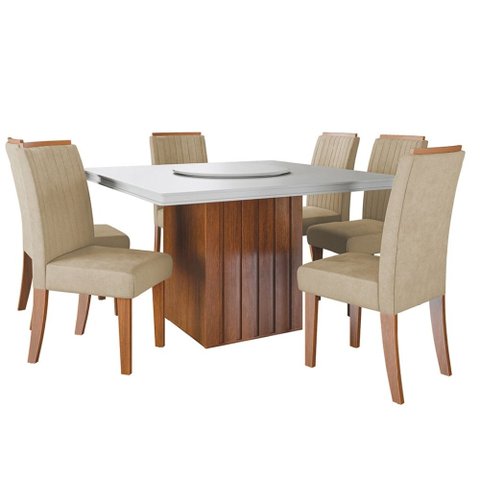 Conjunto Sala de Jantar Amsterdã New Mesa com Tampo Giratório 6 Cadeiras Grécia Madeirado/Bege
