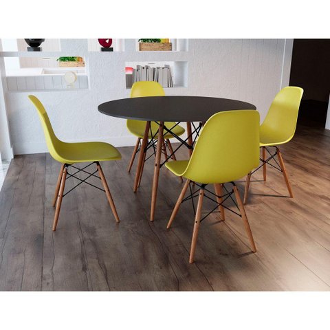 Conjunto de Mesa de Jantar Redonda 90cm Tampo de Madeira Preto com 4 Cadeiras Amarelas