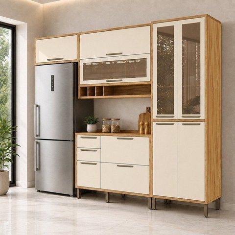 Cozinha Compacta Modulada MDF 4 Peças 9 Portas Vidro Vicenza Espresso Móveis Bege/Amêndoa/Off-White