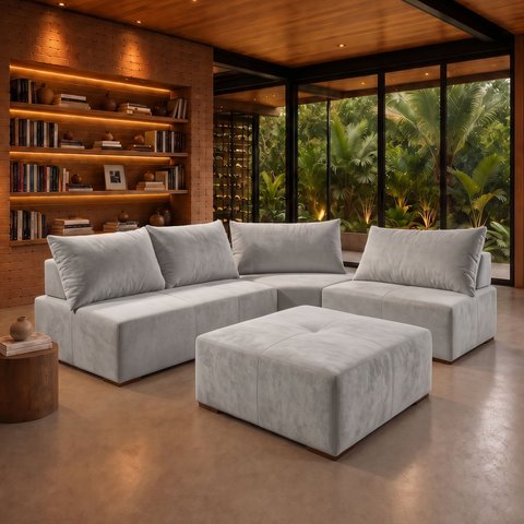 Sofá de Canto Modulado com Puff e Base Madeira Maciça 270CMX220CM Lisboa