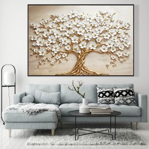 Quadro Decorativo Árvore da Vida Flores Brancas Sala Quarto Casa Escritório
