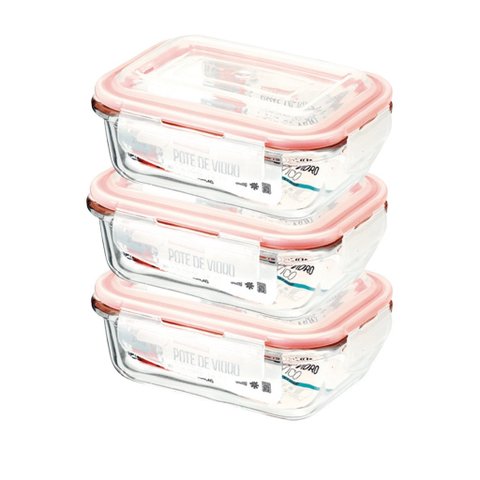 Kit Potes De Vidro Herméticos 3 Peças Retangular 370ml