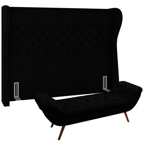 Kit Cabeceira Cama Box Casal 195cm Madrid com Puff Recamier Santorini Bouclê Preto