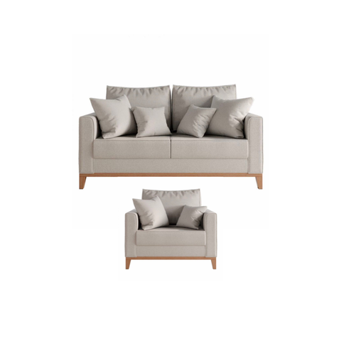 Kit Sofá e Poltrona Decorativo Beni 1,80cm Beni Base Madeira Linho Bege - Montanaris Decor